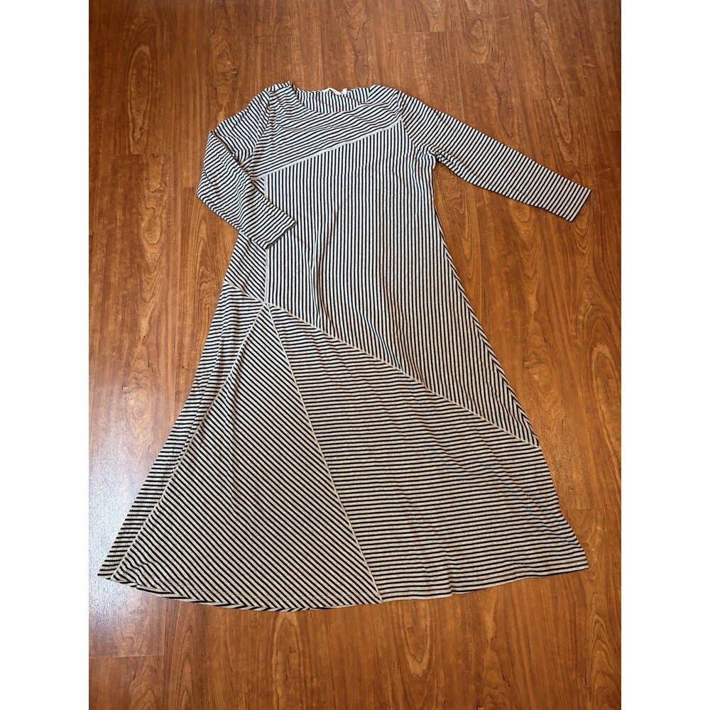 Soft Surroundings RYLEY Grey Black Striped Maxi Dress Lagenlook Waffle Knit 1X